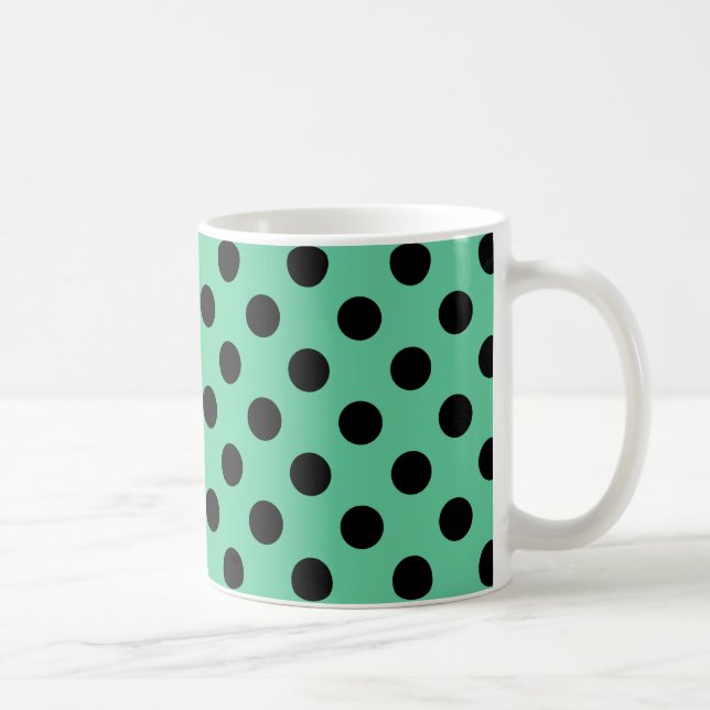 Black polka dots on mint green coffee mug (Right)