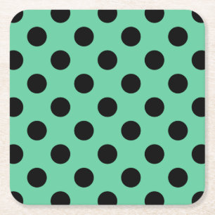 Black polka dots on mint green square paper coaster