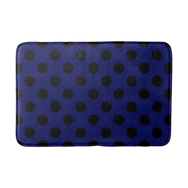 Black polka dots on navy blue bath mat (Front)