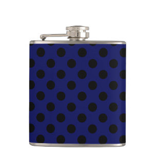 Black polka dots on navy blue hip flask