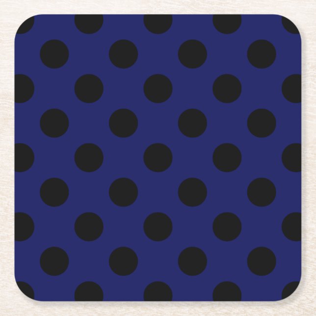 Black polka dots on navy blue square paper coaster (Front)