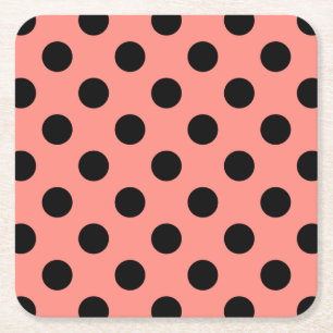 Black polka dots on peach square paper coaster
