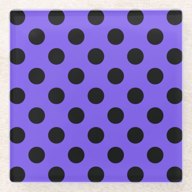 Black polka dots on periwinkle glass coaster (Front)