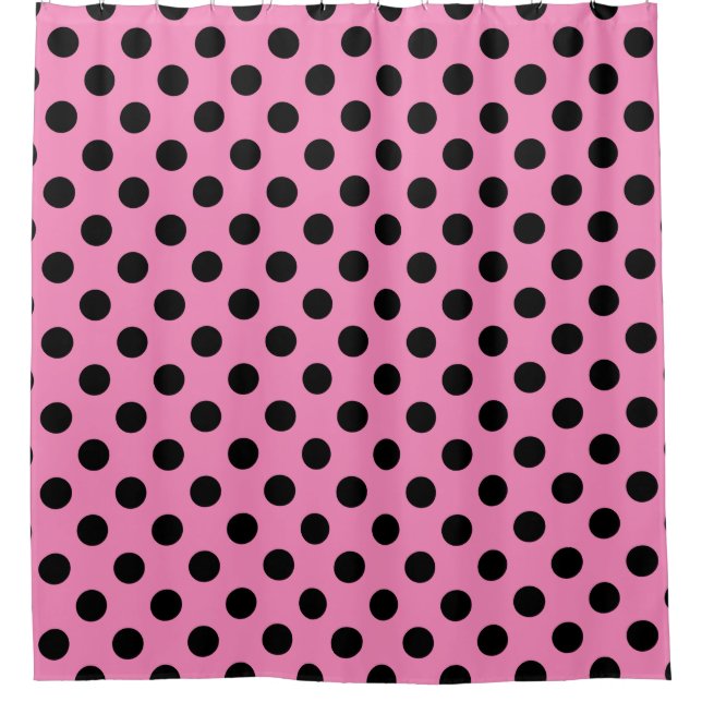 Black polka dots on pink shower curtain (Front)
