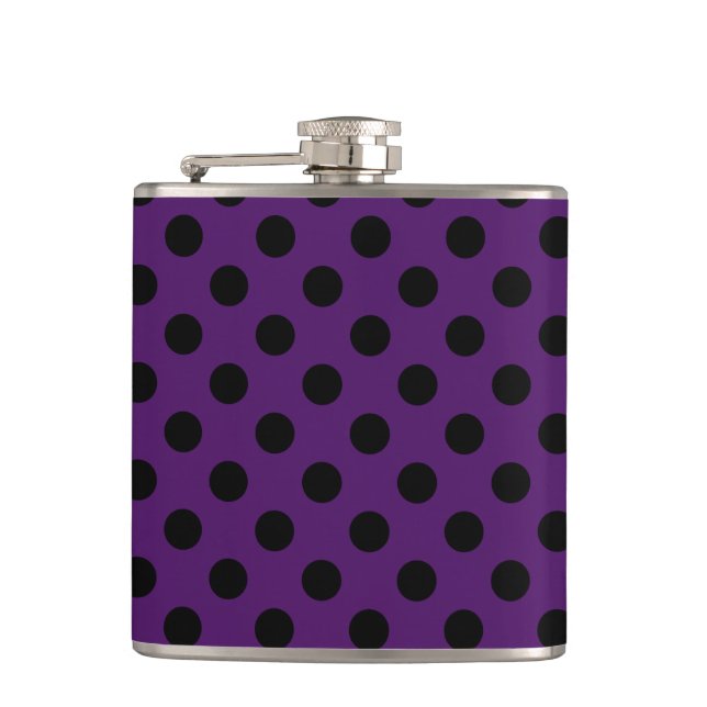 Black polka dots on plum purple hip flask (Front)