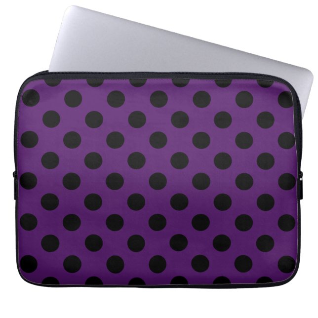 Black polka dots on plum purple laptop sleeve (Front)