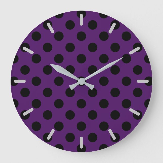 Black polka dots on plum purple large clock (Front)