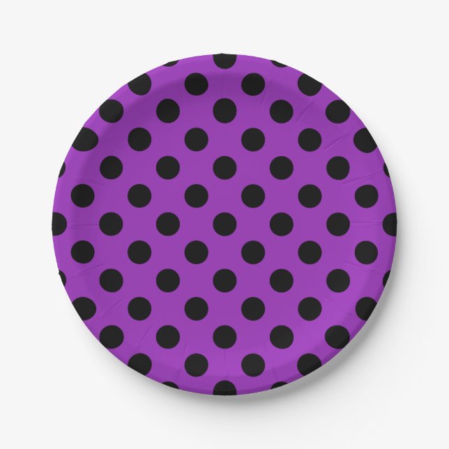 Black polka dots on purple paper plate (Front)
