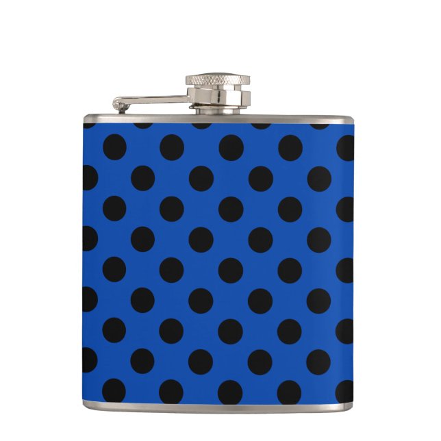 Black polka dots on royal blue hip flask (Front)