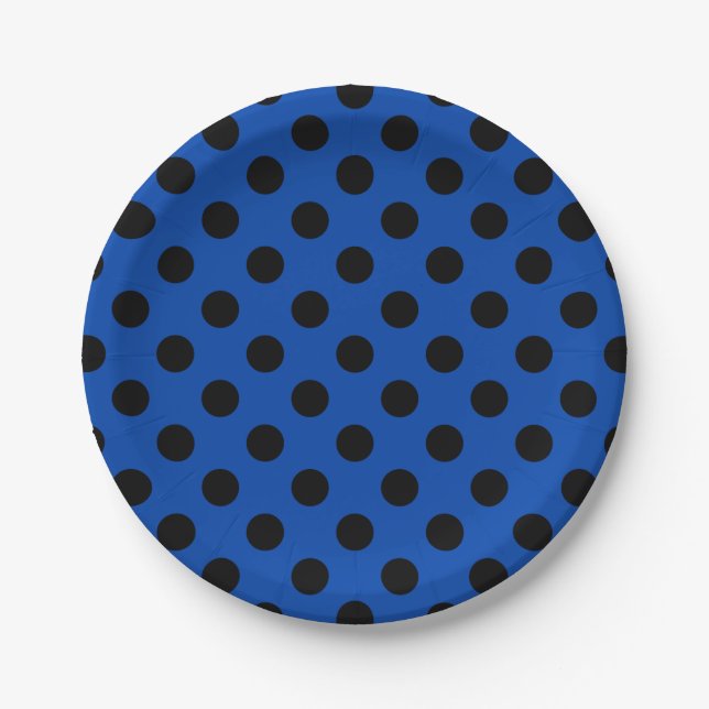 Black polka dots on royal blue paper plate (Front)