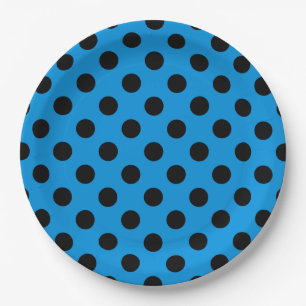 Black polka dots on sky blue paper plate