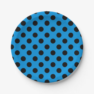 Black polka dots on sky blue paper plate