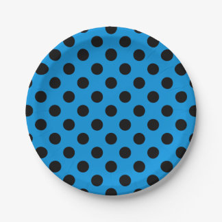 Black polka dots on sky blue paper plate