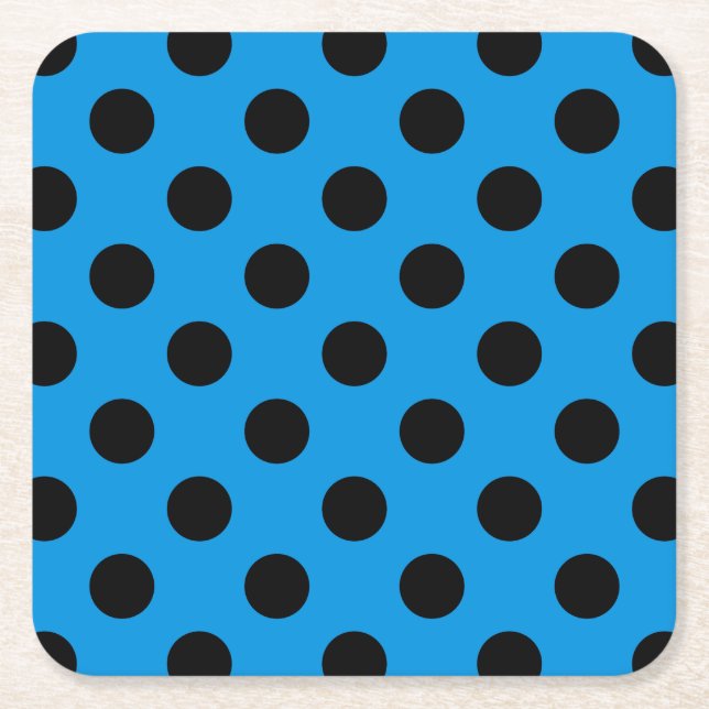 Black polka dots on sky blue square paper coaster (Front)