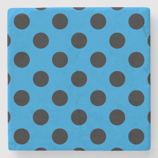 Black polka dots on sky blue stone coaster (Front)