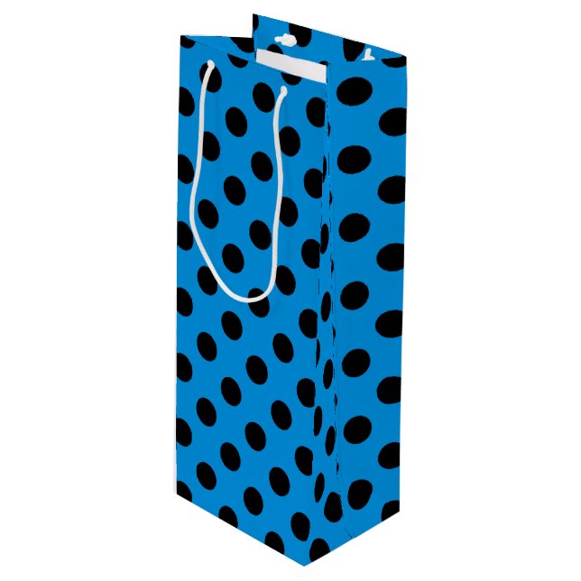 Black polka dots on sky blue wine gift bag (Front Angled)