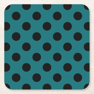 Black polka dots on teal square paper coaster