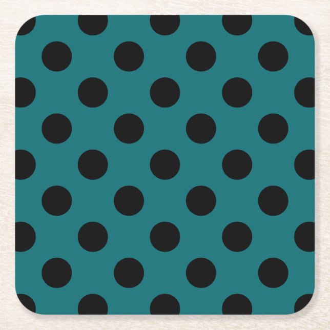 Black polka dots on teal square paper coaster (Front)