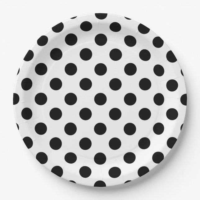 Black polka dots on white paper plate (Front)