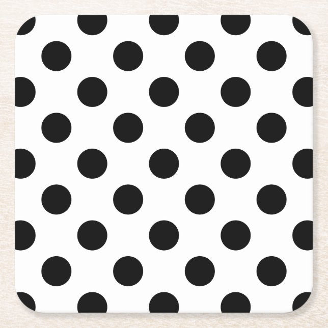 Black polka dots on white square paper coaster (Front)