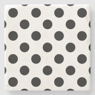 Black polka dots on white stone coaster