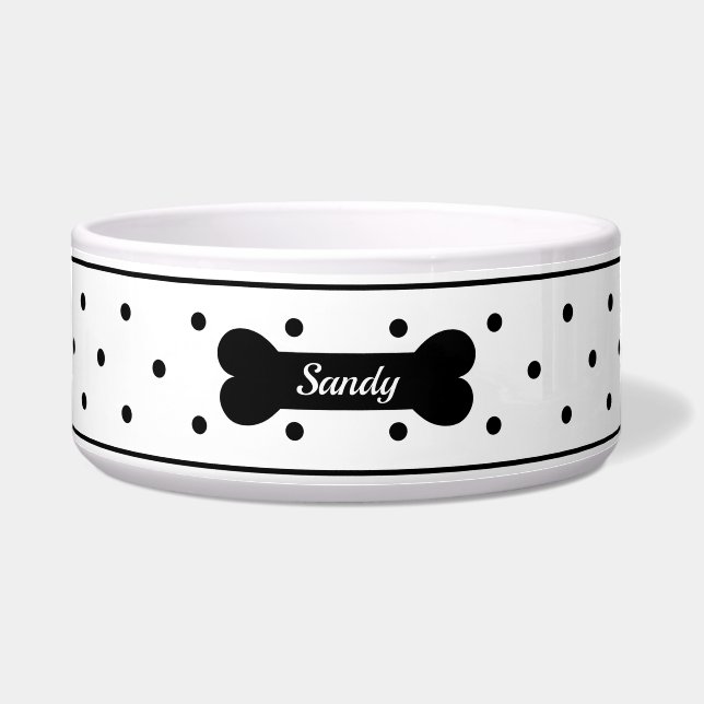 Black Polka Dots On White With Dog Bone & Name (Front)