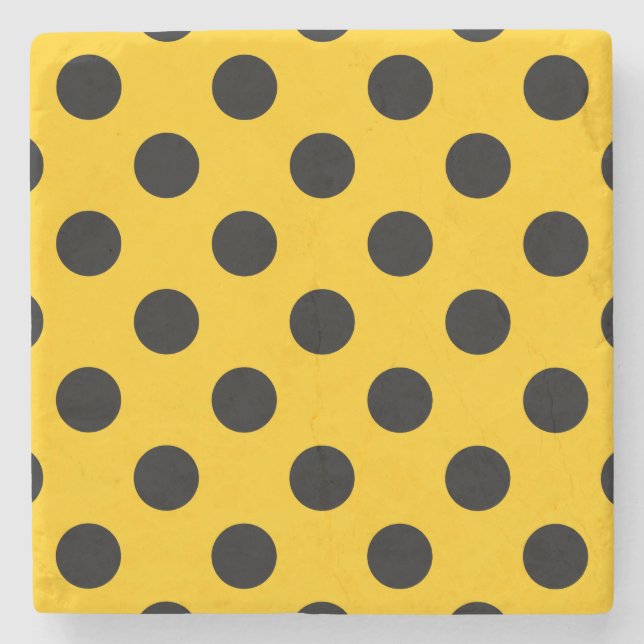 Black polka dots on yellow stone coaster (Front)