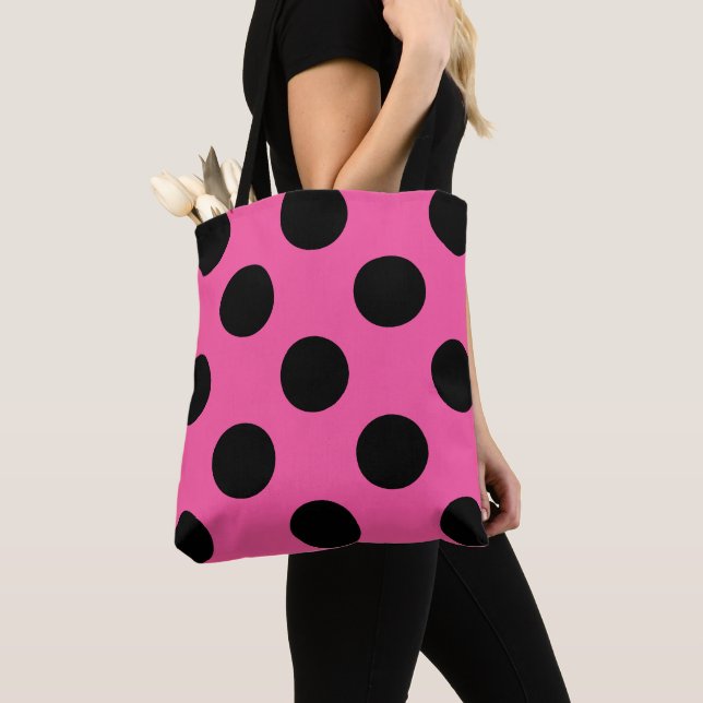 Black Polka Dots Pattern on Pink Tote Bag (Close Up)