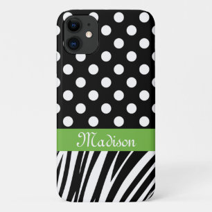 Black Polka Dots Zebra Stripes Green Name Case-Mate iPhone Case