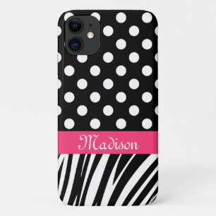 Black Polka Dots Zebra Stripes Pink Name Case-Mate iPhone Case