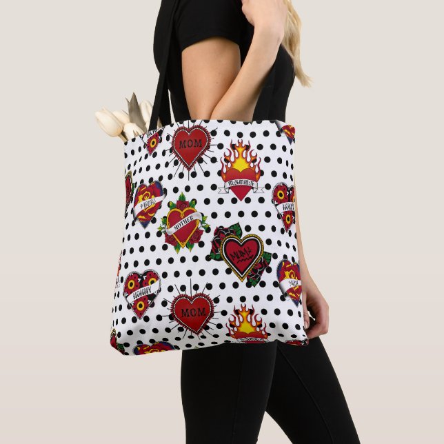 Black Polka Dotted Mum Tattoo Tote Bag (Close Up)