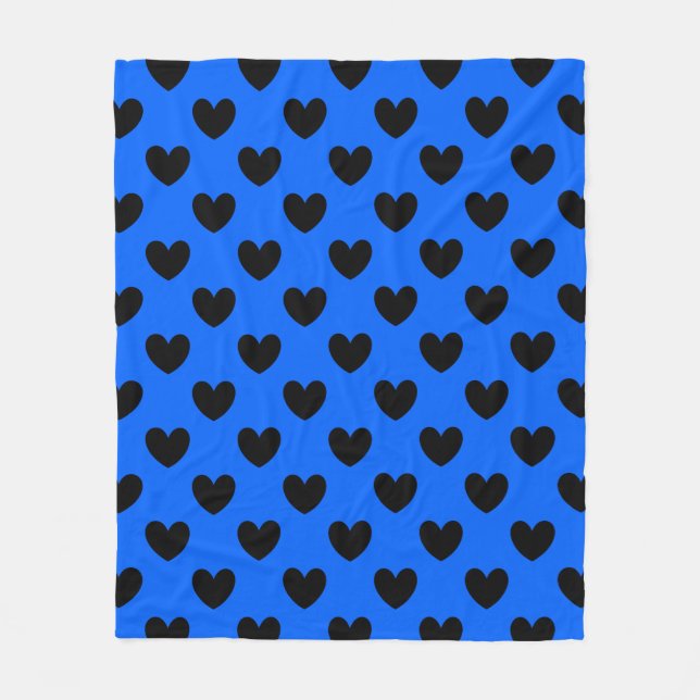 Black polka hearts on blue fleece blanket (Front)