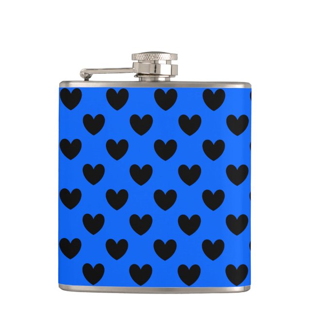 Black polka hearts on blue hip flask (Front)