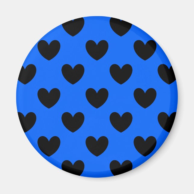 Black polka hearts on blue magnet (Front)