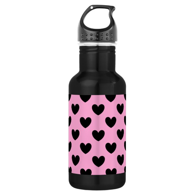 Black polka hearts on cotton candy pink 532 ml water bottle (Front)