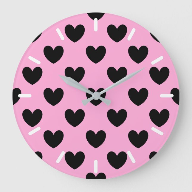 Black polka hearts on cotton candy pink large clock (Front)