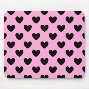 Black polka hearts on cotton candy pink mouse pad
