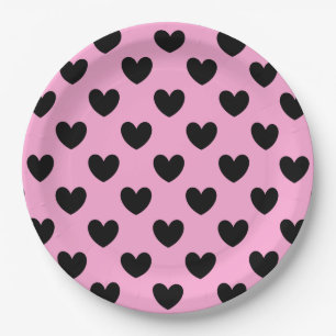 Black polka hearts on cotton candy pink paper plate