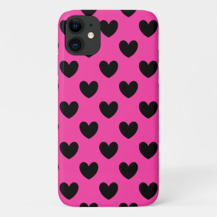 Black polka hearts on fuchsia pink Case-Mate iPhone case