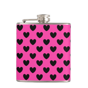 Black polka hearts on fuchsia pink hip flask