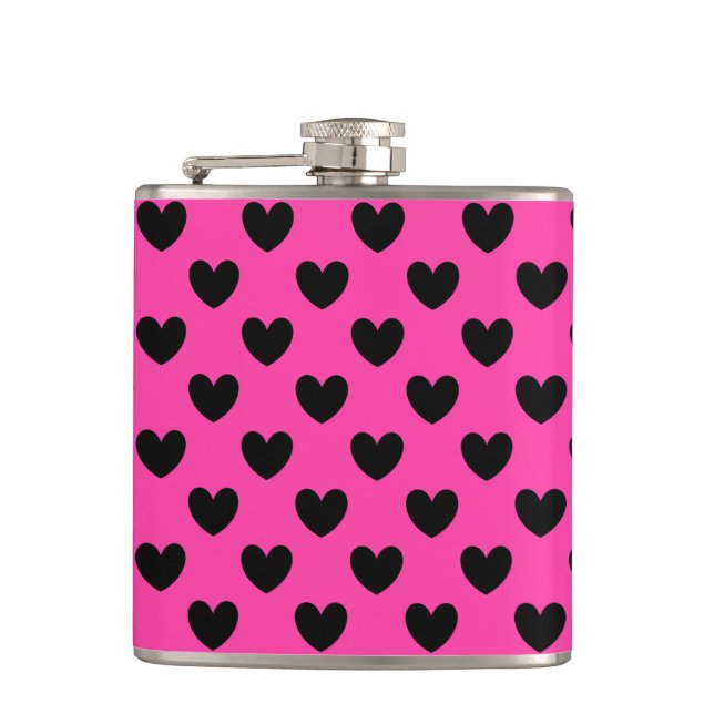 Black polka hearts on fuchsia pink hip flask (Front)