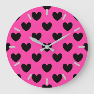 Black polka hearts on fuchsia pink large clock