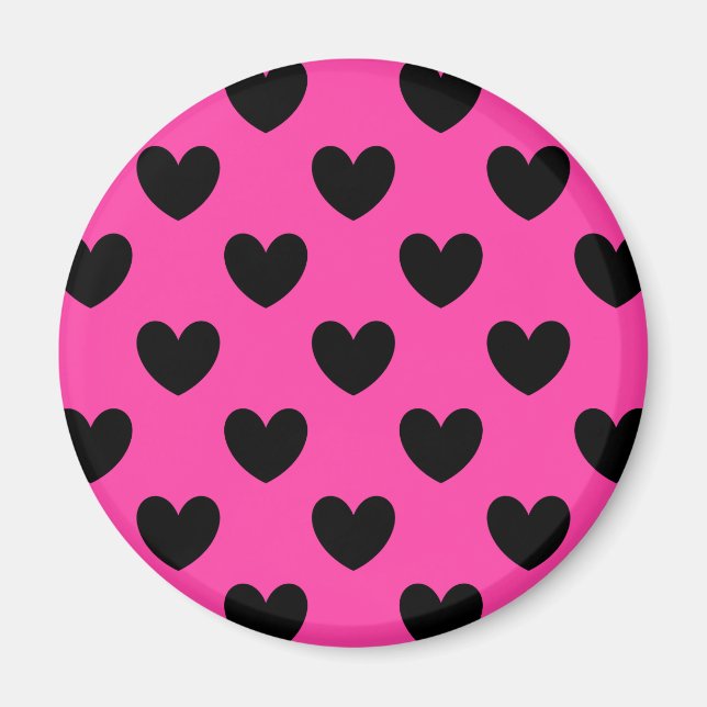 Black polka hearts on fuchsia pink magnet (Front)