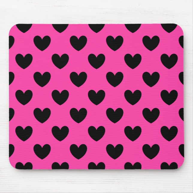 Black polka hearts on fuchsia pink mouse pad (Front)
