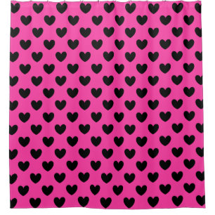 Black polka hearts on fuchsia pink shower curtain