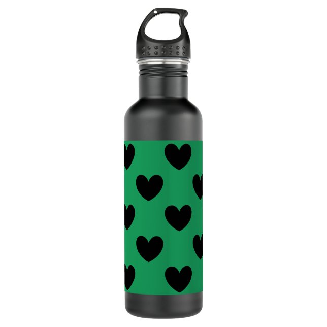 Black polka hearts on Kelly green 710 Ml Water Bottle (Front)