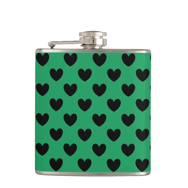 Black polka hearts on Kelly green Hip Flask (Front)