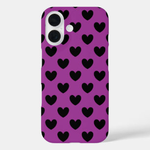 Black polka hearts on purple iPhone 16 case