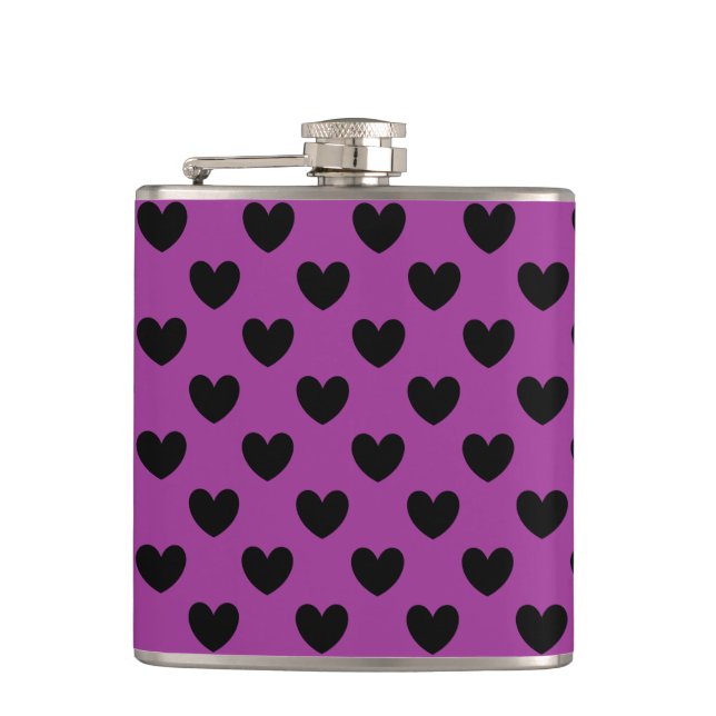 Black polka hearts on purple hip flask (Front)