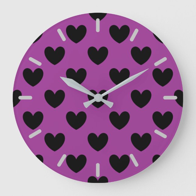 Black polka hearts on purple large clock (Front)